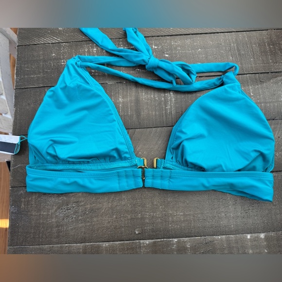 LA BLANCA Island Goddess Over Shoulder Halter Triangle Top Turquoise 14 NEW - Picture 3 of 7